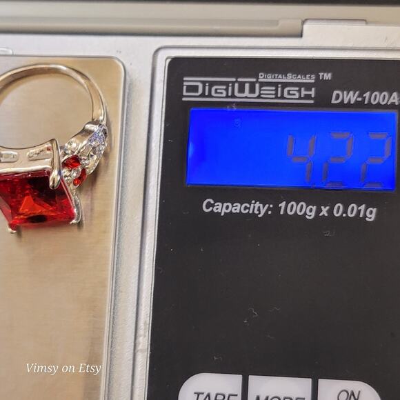 Sterling Silver Ring With Red Center Stone and Cubic Zirconia Accents Size 6 3/4 - Picture 8 of 10